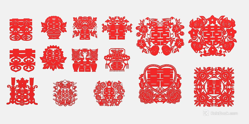 Traditional Chinese Red Paper Cut Wedding Wall Decor With Double Happiness And Floral Patterns 3d model 