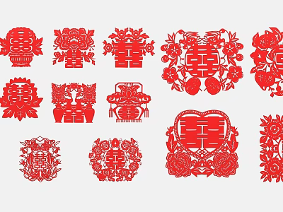 Traditional Chinese Red Paper Cut Wedding Wall Decor With Double Happiness And Floral Patterns 3d model