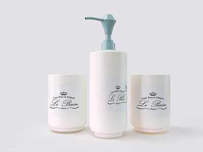 White Bathroom Accessories Set With Pump Bottle And Two Cups La Beauté 3d model