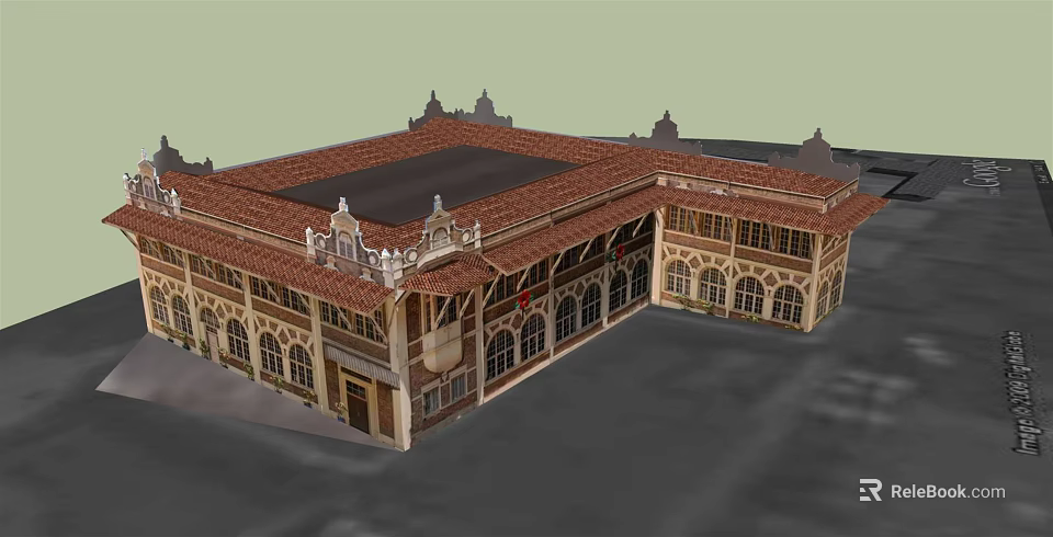 Traditional Architecture With Red Tiled Roof Arched Windows Stone Facade And Decorative Spires 3d model 