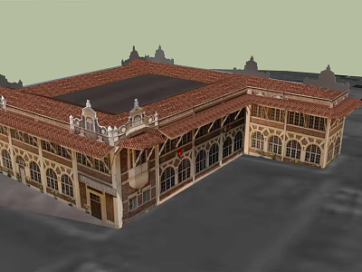 Traditional Architecture With Red Tiled Roof Arched Windows Stone Facade And Decorative Spires 3d model