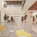 Modern Front Desk Reception Area With Marble Floor Large Screen Green Plants And Sofa