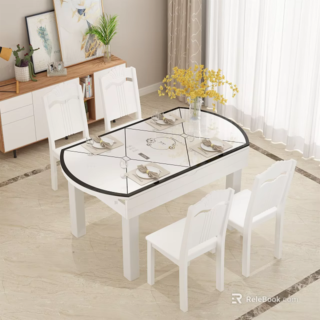 Modern White Dining Table Set with Glass Top and Four White Chairs and Decorative Vase 3d model 