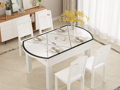 Modern White Dining Table Set with Glass Top and Four White Chairs and Decorative Vase 3d model