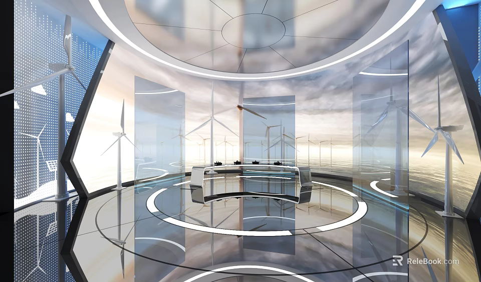 Modern Futuristic Circular Space With Wind Turbines Glass Walls And Lighting 3d model 