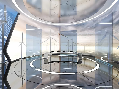 Modern Futuristic Circular Space With Wind Turbines Glass Walls And Lighting 3d model