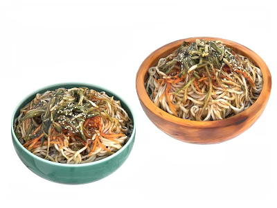 Two Bowls Of Noodles With Mixed Vegetables And Sesame Seeds In Green And Wooden Bowls 3d model