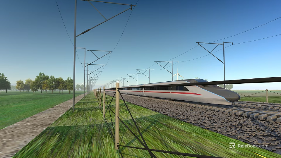 High Speed Train Moving on Railway Track With Green Grass Trees and Blue Sky 3d model 