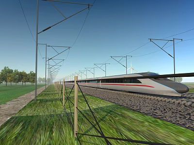 High Speed Train Moving on Railway Track With Green Grass Trees and Blue Sky 3d model
