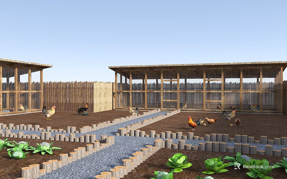 Garden Landscape Design Featuring Chickens Vegetable Plots Wooden Fence And Pathway 3d model 