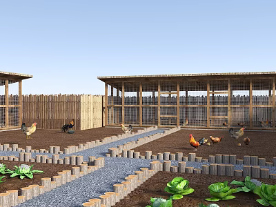 Garden Landscape Design Featuring Chickens Vegetable Plots Wooden Fence And Pathway 3d model