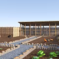 Garden Landscape Design Featuring Chickens Vegetable Plots Wooden Fence And Pathway