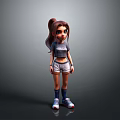 Cartoon Girl 3D Character With Brown Ponytail Gray Crop Top White Shorts And Sneakers