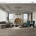 Modern Living Room Interior Design With Elegant Decorative Ceiling Fireplace Gray Sofa And Blue Armchairs
