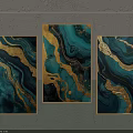 Teal And Gold Abstract Paintings With Black Swirl Patterns In Golden Frames On Wall