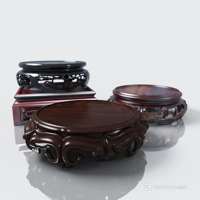 Carved Wooden Ornamental Stand Set With Round Bases Intricate Carvings And Dark Red Tones 3d model 