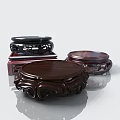 Carved Wooden Ornamental Stand Set With Round Bases Intricate Carvings And Dark Red Tones