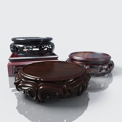 Carved Wooden Ornamental Stand Set With Round Bases Intricate Carvings And Dark Red Tones 3d model