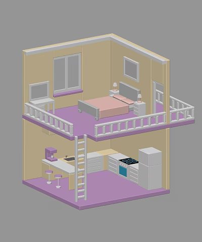 Cartoon Style Two Story Room Interior With Upper Bedroom Lower Kitchen Staircase And Furniture 3d model
