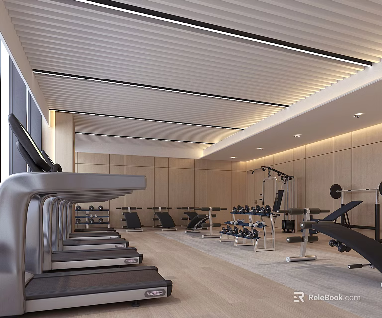 Modern Fitness Gym Interior With Treadmills Dumbbells And Workout Equipment 3d model 