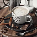 Warm Latte Coffee On Wooden Tray With Cinnamon Sticks Star Anise And Chocolate Pieces