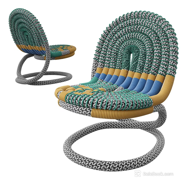 Woven Single Chair Featuring Green Blue Yellow Details And Spiral Base Design 3d model 