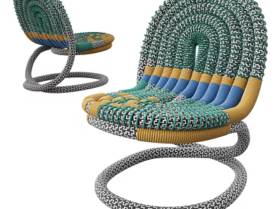 Woven Single Chair Featuring Green Blue Yellow Details And Spiral Base Design 3d model
