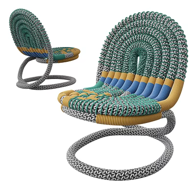 Woven Single Chair Featuring Green Blue Yellow Details And Spiral Base Design 3d model