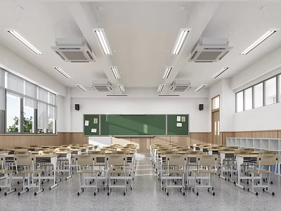 School Spacious Classroom With Green Blackboard Neat Desks Windows Ceiling Lights And Air Conditioners 3d model