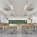 School Spacious Classroom With Green Blackboard Neat Desks Windows Ceiling Lights And Air Conditioners