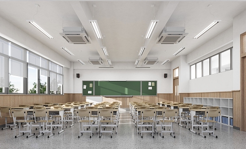 Modern school classroom desk black and white chandelier central air conditioning 3d model