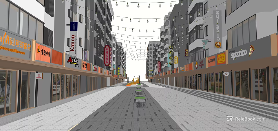 Pedestrian Commercial Street With Hanging String Lights Shop Signs And Benches 3d model 