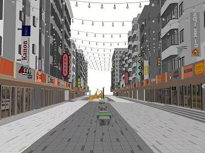 Pedestrian Commercial Street With Hanging String Lights Shop Signs And Benches 3d model