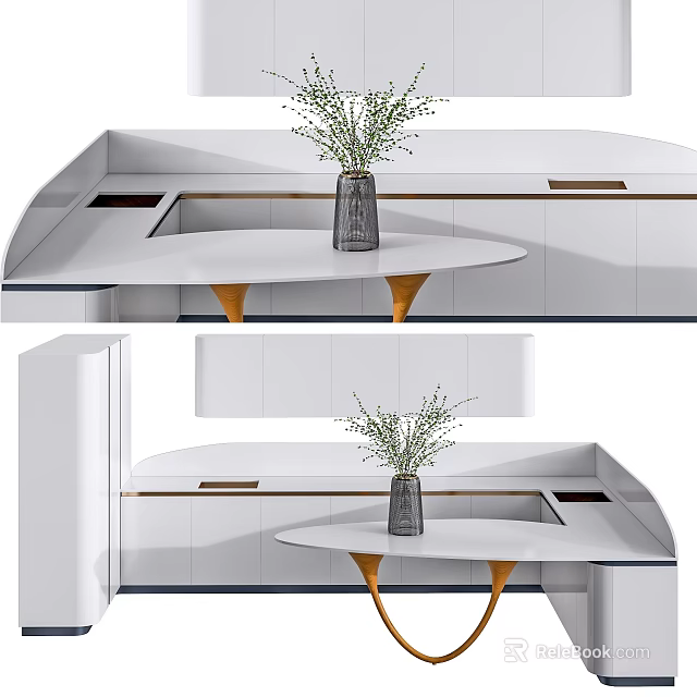 Modern Kitchen Interior Design With White Cabinets And Island Table With Vase 3d model