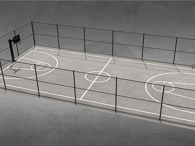 Basketball Court Enclosed By Fence Featuring Marked Court Lines And Basketball Hoop 3d model
