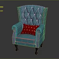 Blue Tufted Armchair With Studded Edges Red Polka Dot Pillow For Living Room