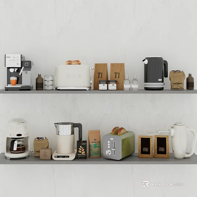 Kitchen Appliances On Shelves Including Coffee Maker Toaster Kettle And Blender 3d model 