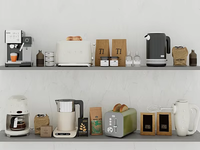 Kitchen Appliances On Shelves Including Coffee Maker Toaster Kettle And Blender 3d model