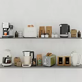 Kitchen Appliances On Shelves Including Coffee Maker Toaster Kettle And Blender