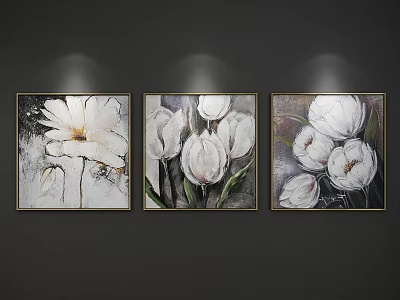 Three Framed Plant Paintings With White Flowers On Dark Wall Illuminated By Lights 3d model