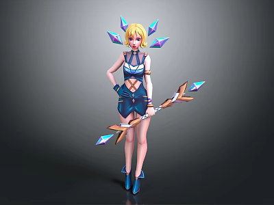 Woman With Blonde Hair In Blue Outfit Holding Bow With Crystal Arrows And Crystal Decorations 3d model