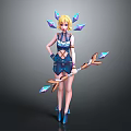 Woman With Blonde Hair In Blue Outfit Holding Bow With Crystal Arrows And Crystal Decorations
