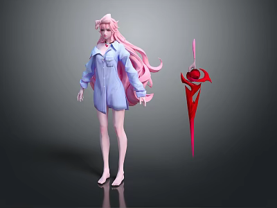 Game Movie Character With Pink Long Hair In Blue Shirt Dress And Red Weapon 3d model