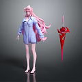 Game Movie Character With Pink Long Hair In Blue Shirt Dress And Red Weapon