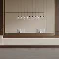 Modern Bar Counter With Beige And Brown Color Scheme Hanging Lights Electronic Devices And Vase