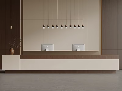 Modern Bar Counter With Beige And Brown Color Scheme Hanging Lights Electronic Devices And Vase 3d model
