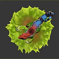 Colorful Dinosaur Figure with Red Crest Green Body Blue Striped Tail on Green Leaf Base