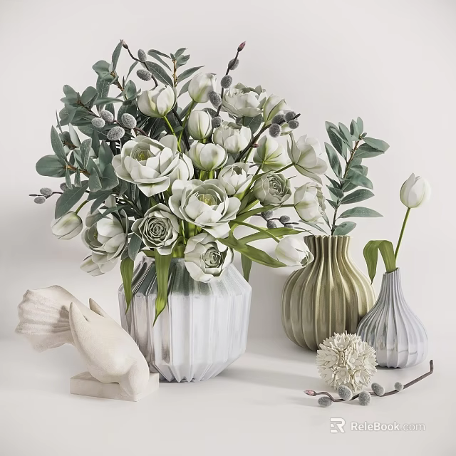 Decorative Ceramic Vases With White Flowers And Green Leaves For Home Table Decor 3d model 