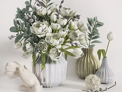 Decorative Ceramic Vases With White Flowers And Green Leaves For Home Table Decor 3d model