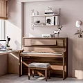 Cozy Interior Room With Wooden Piano Art Supplies Work Desk Laptop And Decorative Shelf